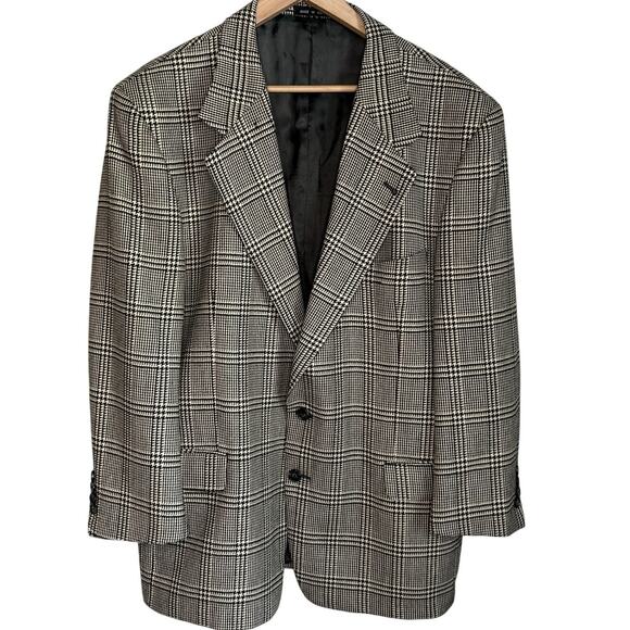 Joseph Abboud Mens Sport Coat Blazer Two Button Houndstooth Black Wool Blend 46R - Picture 1 of 8